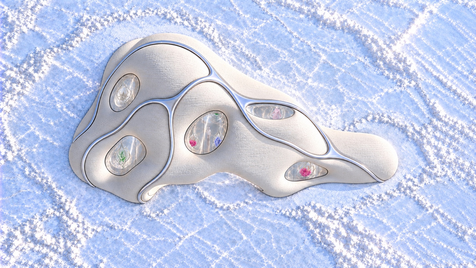 Aerial view of the organic atelier and its silver neurolines