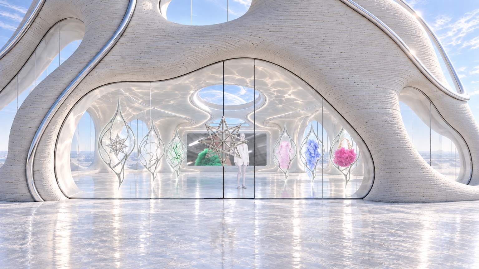 View through the atelier entrance to the art capsules inside