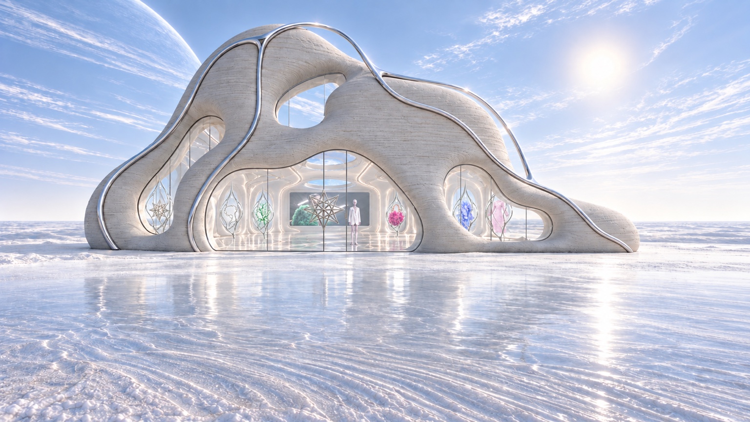 The white MAM8 atelier with flowing silver neurolines, surrounded by shimmering water